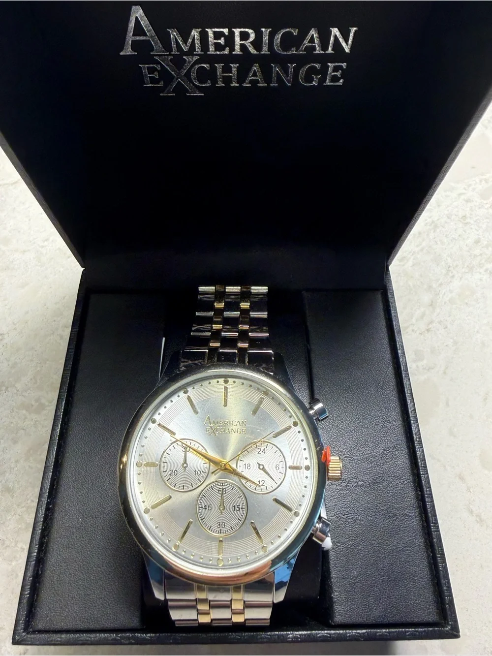 American Exchange Men's Two Tone Watch Silver Gold 50692S-42-B34 New With Box